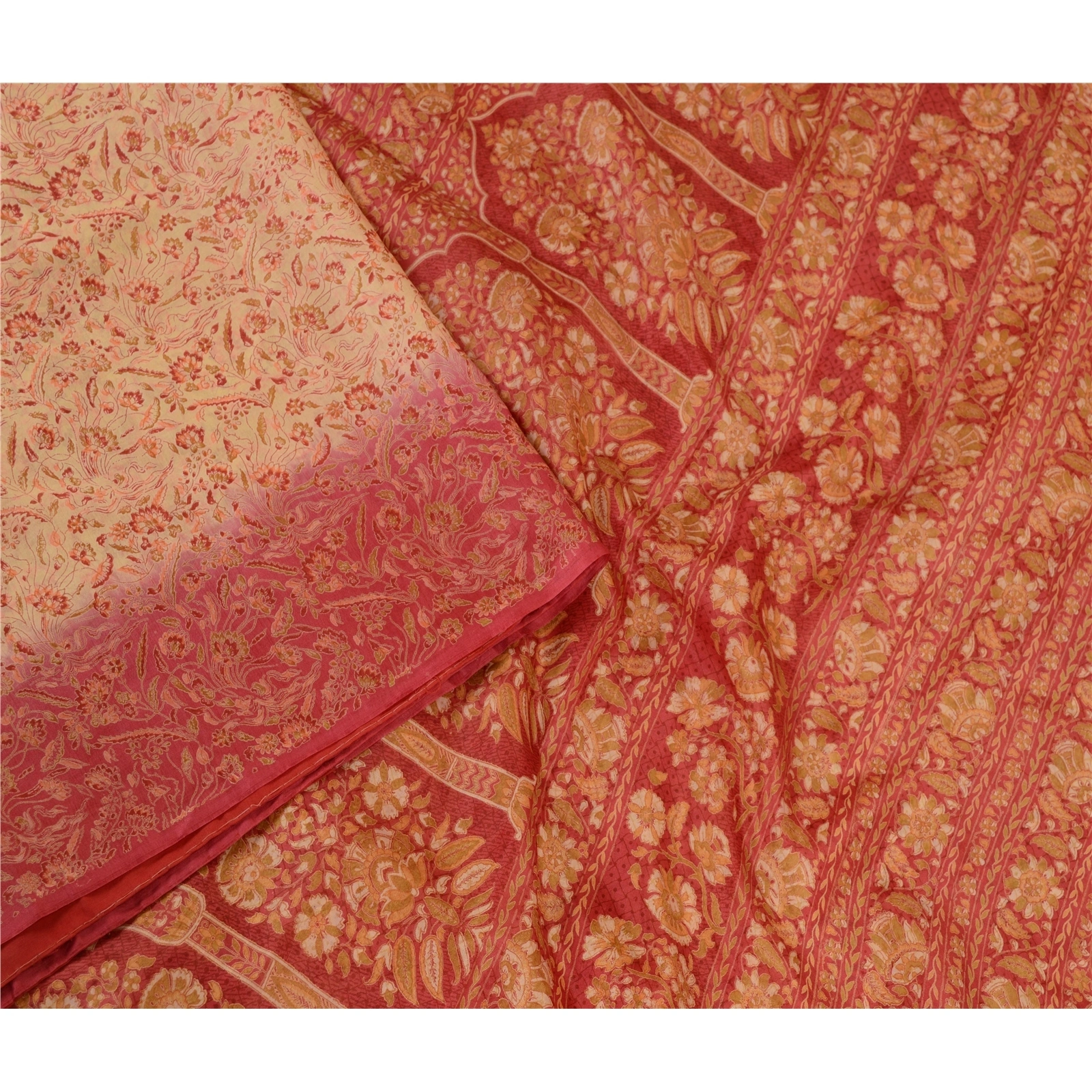 Sanskriti Vintage Cream Sarees Printed 100% Pure Silk Sari Soft 5Yd Craft Fabric, PR-59567-Cream-Printed Floral Design-Pure Silk-3