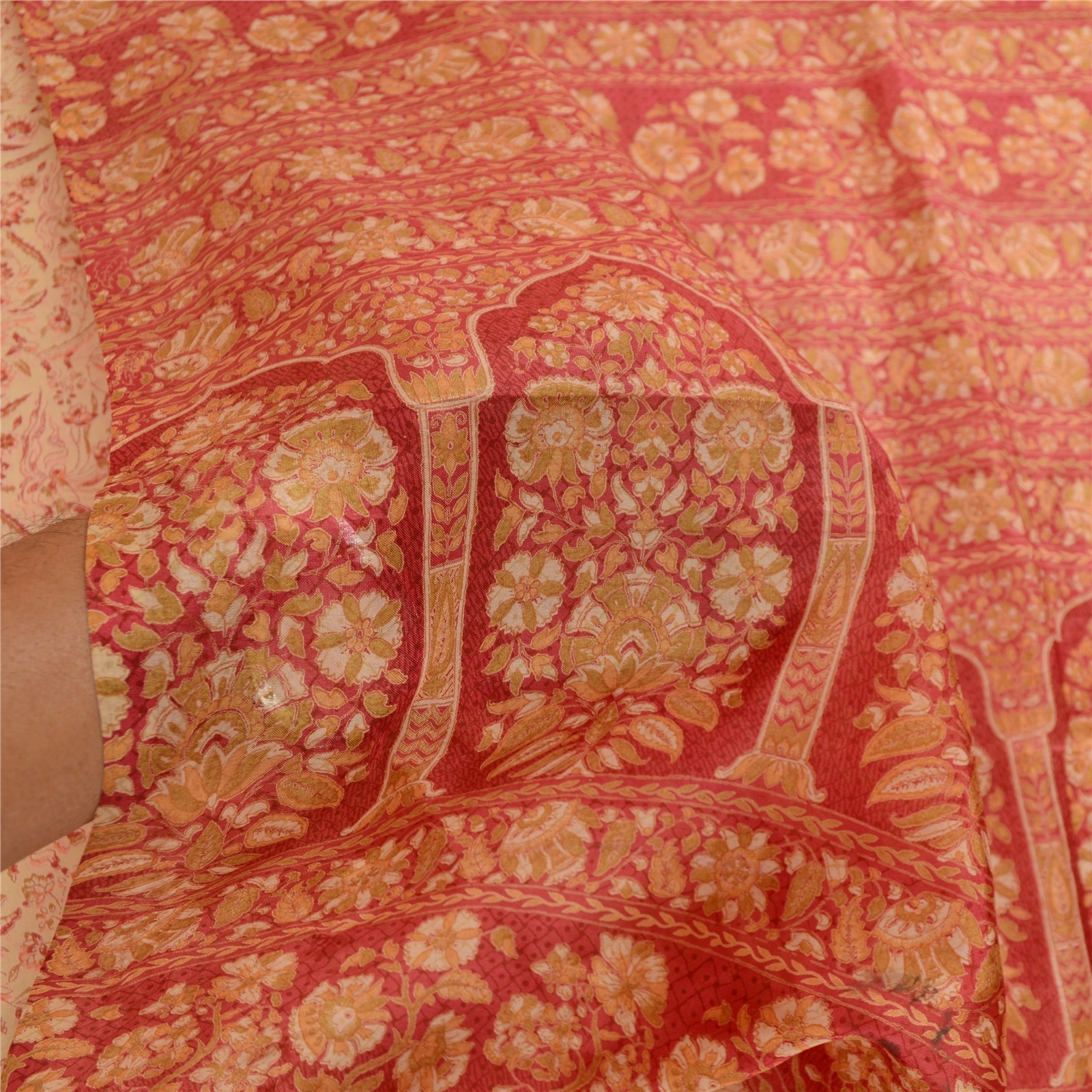 Sanskriti Vintage Cream Sarees Printed 100% Pure Silk Sari Soft 5Yd Craft Fabric, PR-59567-Cream-Printed Floral Design-Pure Silk-6