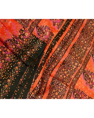 Sanskriti Vintage Orange Sarees 100% Pure Silk Printed Sari Soft Craft Fabric, PR-59614-Orange-Printed Floral Design-Pure Silk-1