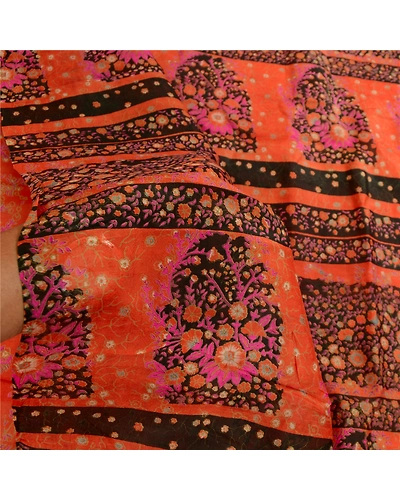 Sanskriti Vintage Orange Sarees 100% Pure Silk Printed Sari Soft Craft Fabric, PR-59614-Orange-Printed Floral Design-Pure Silk-5
