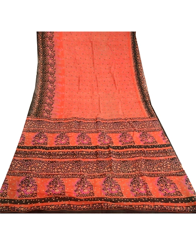 Sanskriti Vintage Orange Sarees 100% Pure Silk Printed Sari Soft Craft Fabric, PR-59614-Orange-Printed Floral Design-Pure Silk-7