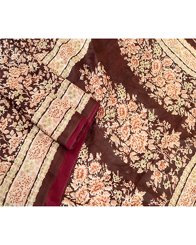 Sanskriti Vintage Dark Brown Sarees Indian Pure Silk Printed Sari Craft Fabric, PR-59623-Dark Brown-Printed Floral Design-Pure Silk-1