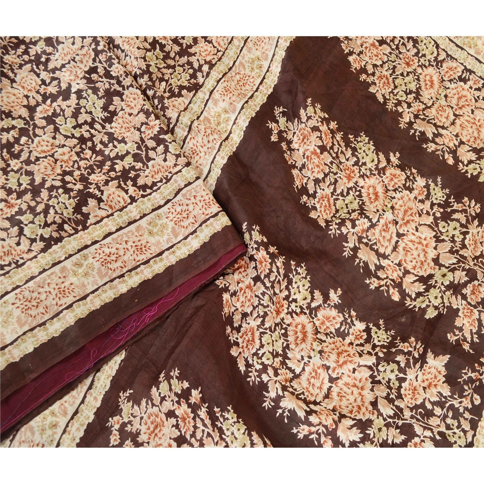 Sanskriti Vintage Dark Brown Sarees Indian Pure Silk Printed Sari Craft Fabric, PR-59623-Dark Brown-Printed Floral Design-Pure Silk-2