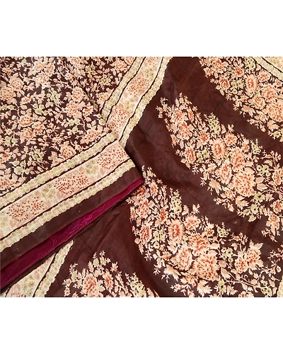 Sanskriti Vintage Dark Brown Sarees Indian Pure Silk Printed Sari Craft Fabric, PR-59623-Dark Brown-Printed Floral Design-Pure Silk-2