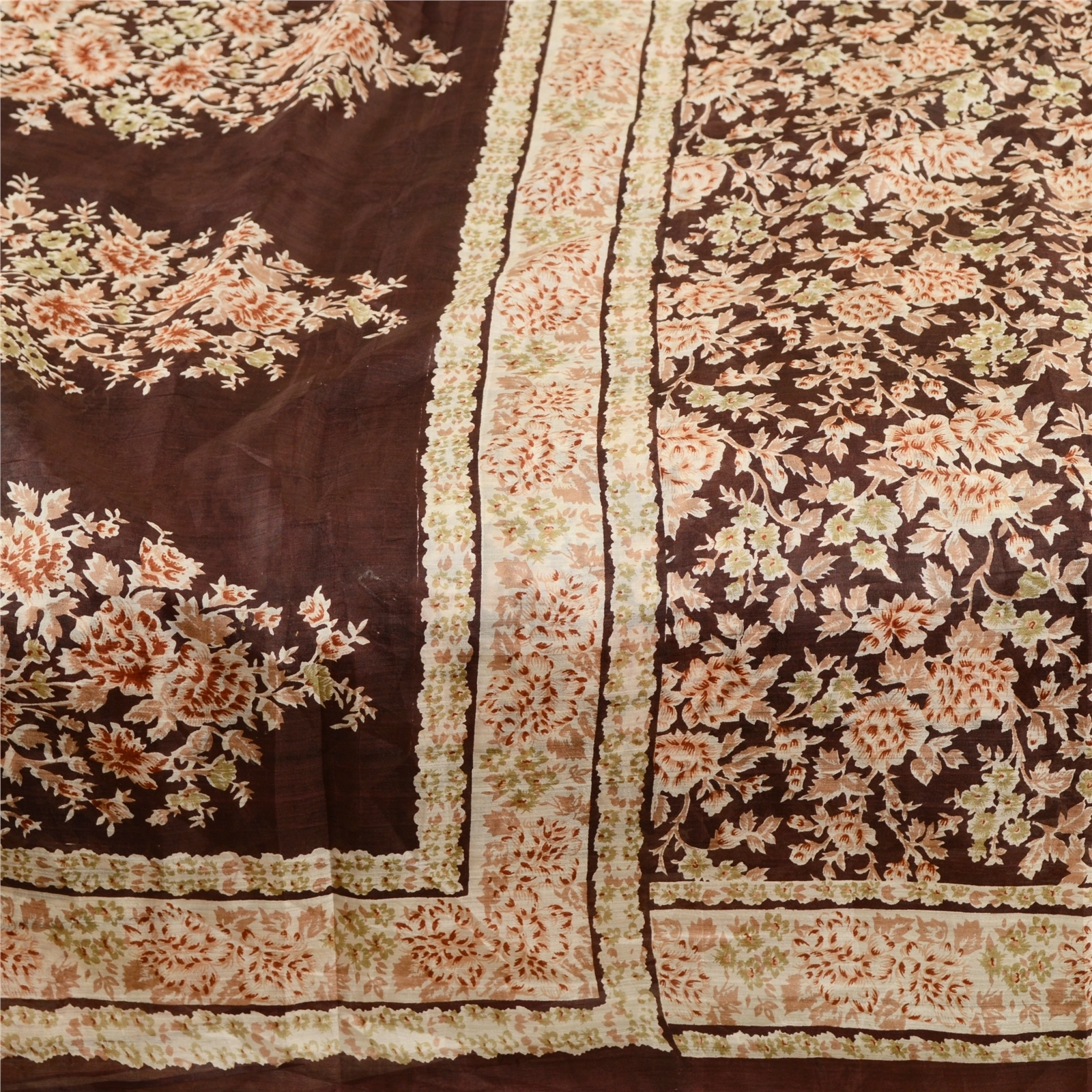 Sanskriti Vintage Dark Brown Sarees Indian Pure Silk Printed Sari Craft Fabric, PR-59623-Dark Brown-Printed Floral Design-Pure Silk-3