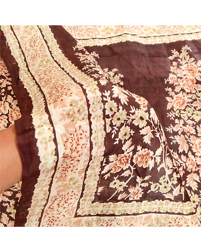 Sanskriti Vintage Dark Brown Sarees Indian Pure Silk Printed Sari Craft Fabric, PR-59623-Dark Brown-Printed Floral Design-Pure Silk-5