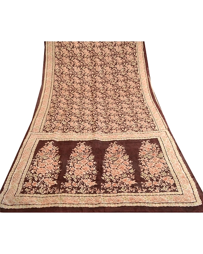 Sanskriti Vintage Dark Brown Sarees Indian Pure Silk Printed Sari Craft Fabric, PR-59623-Dark Brown-Printed Floral Design-Pure Silk-7