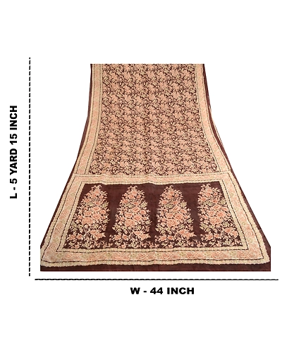Sanskriti Vintage Dark Brown Sarees Indian Pure Silk Printed Sari Craft Fabric, PR-59623-Dark Brown-Printed Floral Design-Pure Silk-8