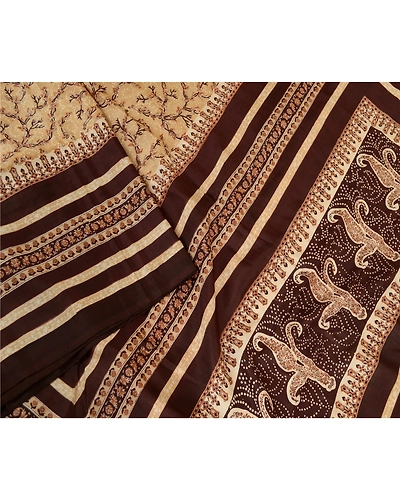 Sanskriti Vintage Cream Sarees Indian Pure Silk Printed Sari Soft Craft Fabric, PR-59647-Cream-Printed Floral Design-Pure Silk-2