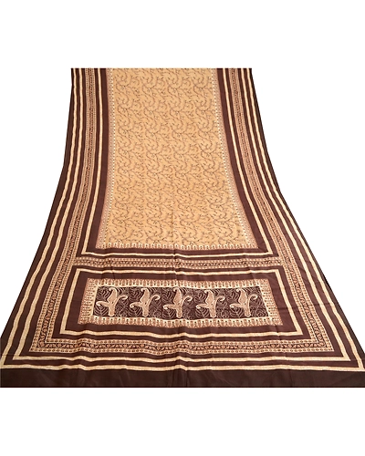 Sanskriti Vintage Cream Sarees Indian Pure Silk Printed Sari Soft Craft Fabric, PR-59647-Cream-Printed Floral Design-Pure Silk-7