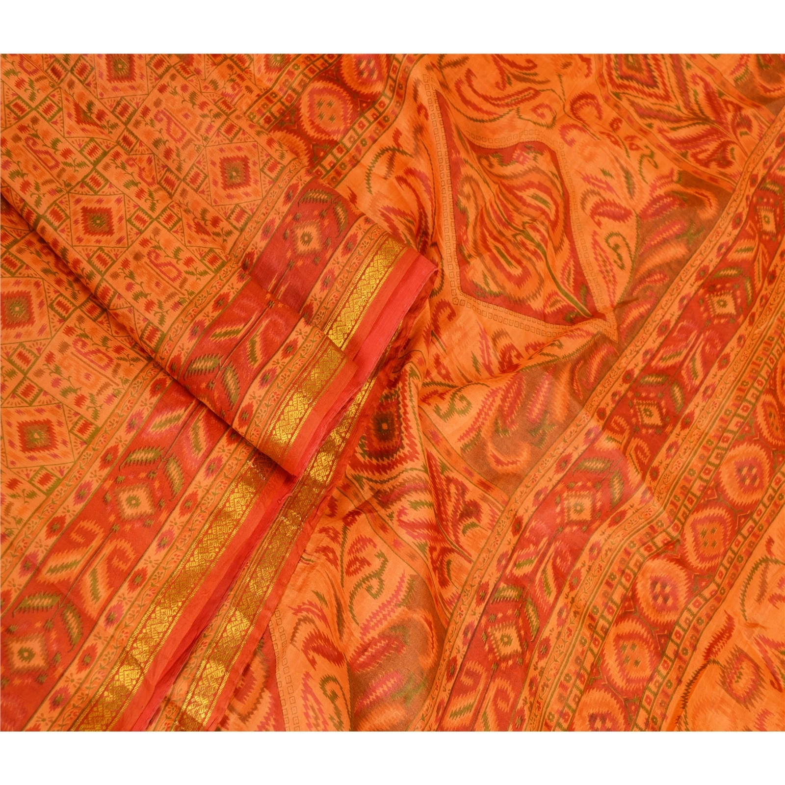 Sanskriti Vintage Saffron Printed Sarees Pure Silk Zari Border Sari Craft Fabric, PR-59661-Saffron-Printed Floral Design-Pure Silk-1