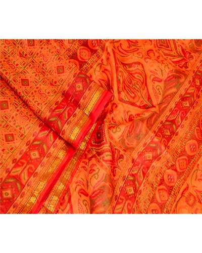 Sanskriti Vintage Saffron Printed Sarees Pure Silk Zari Border Sari Craft Fabric, PR-59661-Saffron-Printed Floral Design-Pure Silk-1