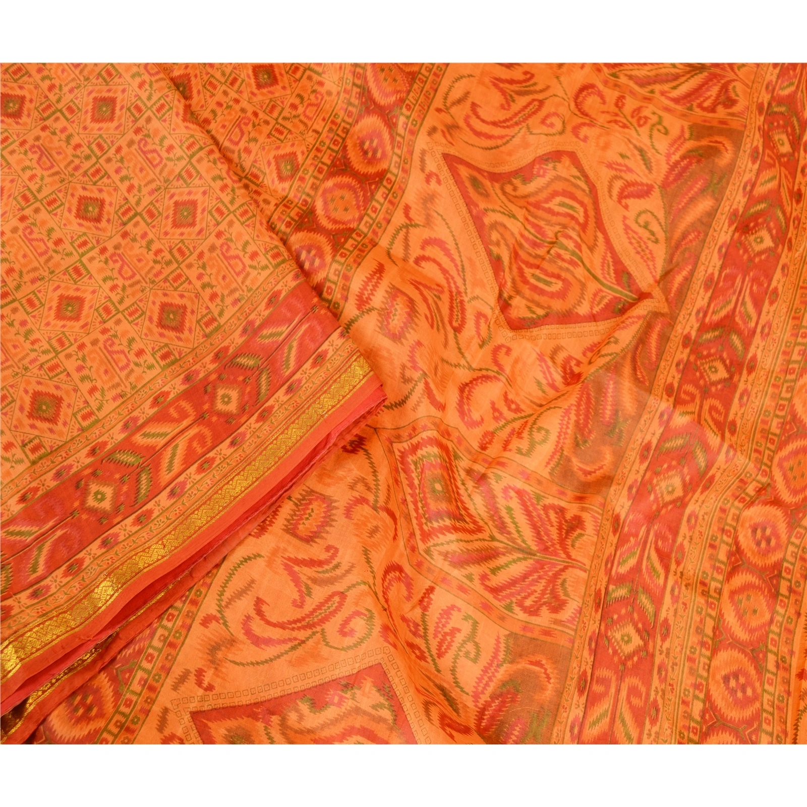 Sanskriti Vintage Saffron Printed Sarees Pure Silk Zari Border Sari Craft Fabric, PR-59661-Saffron-Printed Floral Design-Pure Silk-2