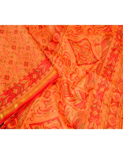 Sanskriti Vintage Saffron Printed Sarees Pure Silk Zari Border Sari Craft Fabric, PR-59661-Saffron-Printed Floral Design-Pure Silk-2