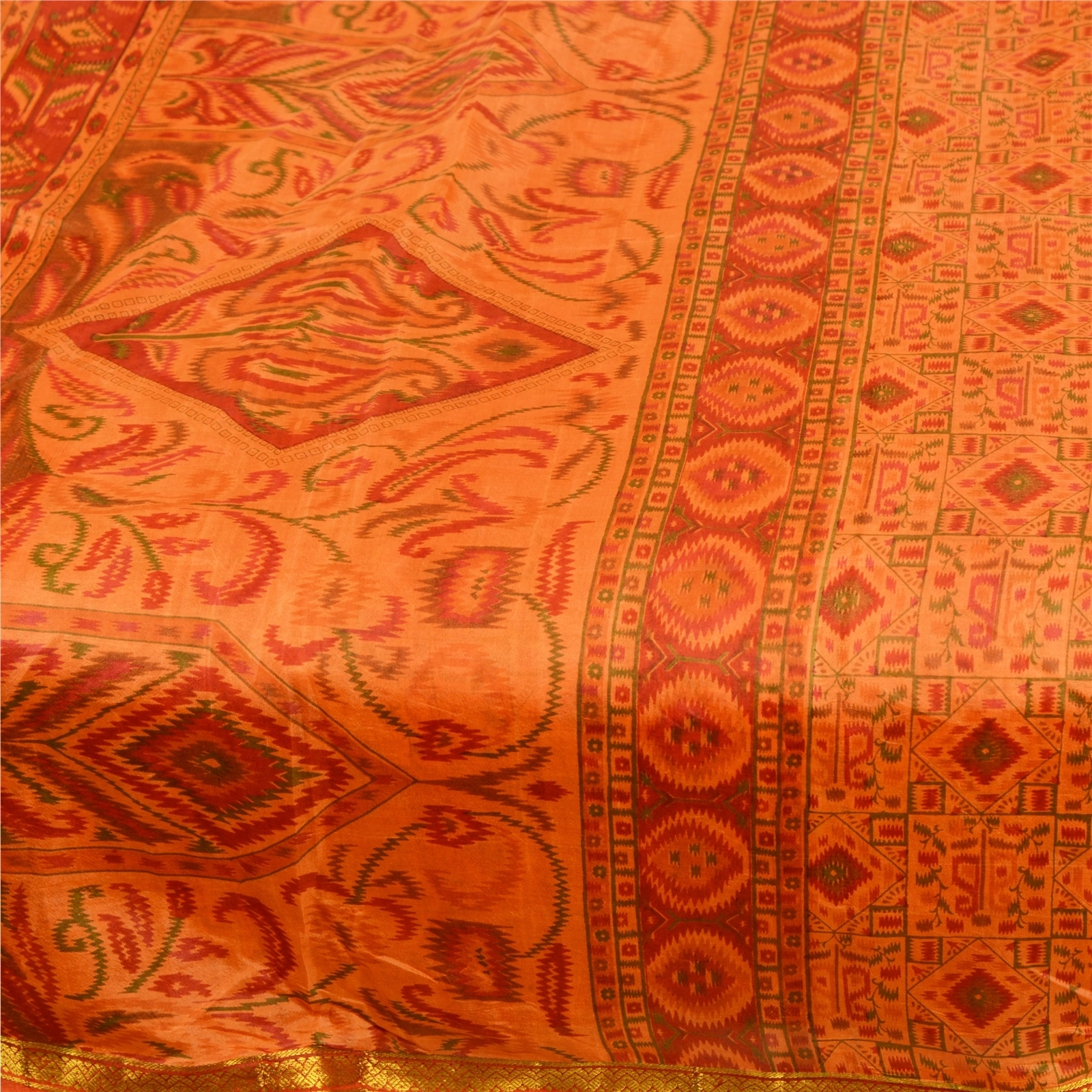 Sanskriti Vintage Saffron Printed Sarees Pure Silk Zari Border Sari Craft Fabric, PR-59661-Saffron-Printed Floral Design-Pure Silk-3