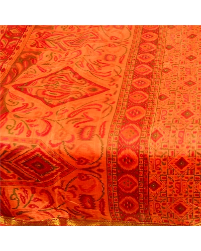 Sanskriti Vintage Saffron Printed Sarees Pure Silk Zari Border Sari Craft Fabric, PR-59661-Saffron-Printed Floral Design-Pure Silk-3
