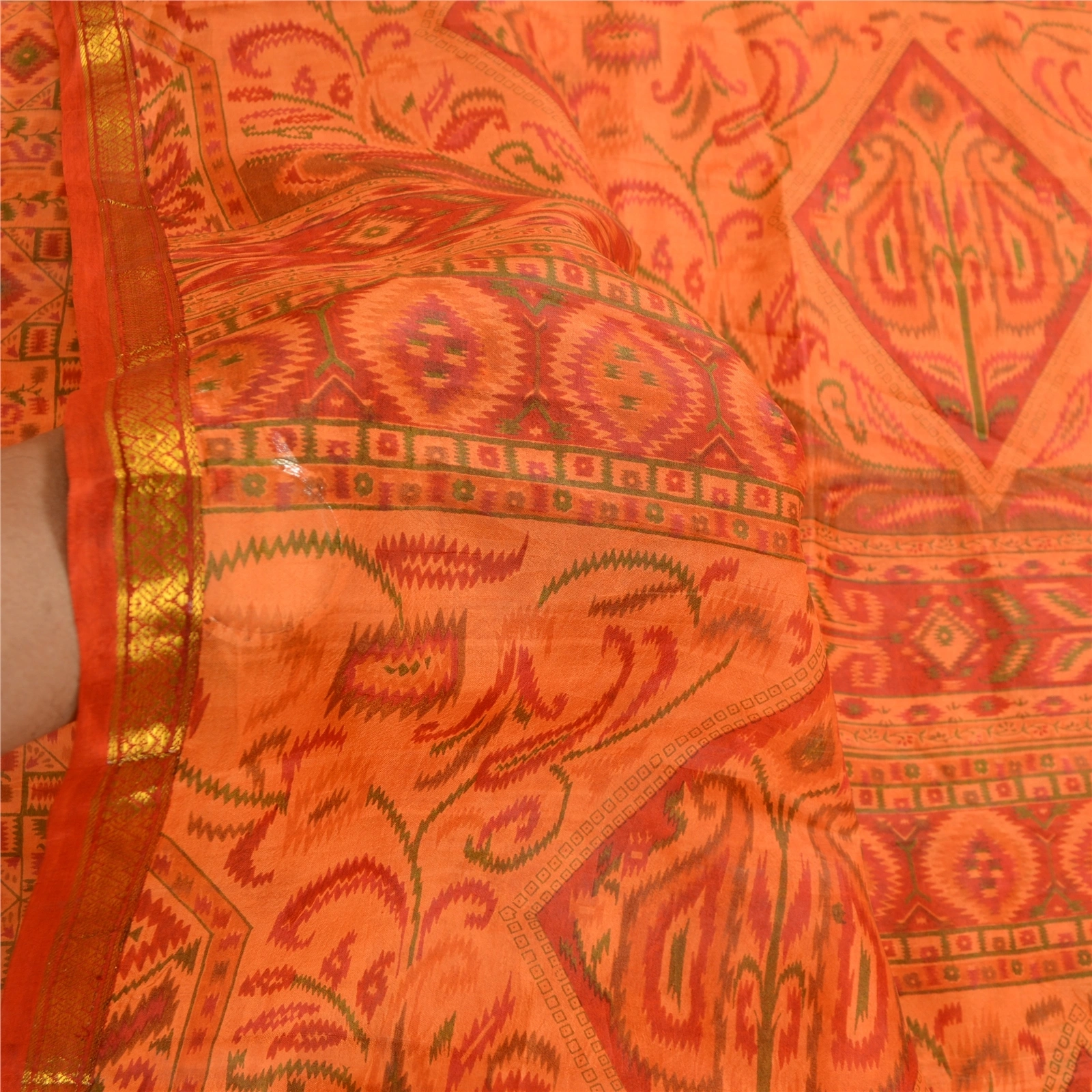 Sanskriti Vintage Saffron Printed Sarees Pure Silk Zari Border Sari Craft Fabric, PR-59661-Saffron-Printed Floral Design-Pure Silk-5