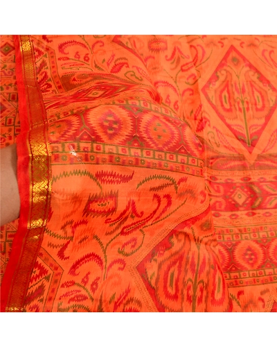 Sanskriti Vintage Saffron Printed Sarees Pure Silk Zari Border Sari Craft Fabric, PR-59661-Saffron-Printed Floral Design-Pure Silk-5