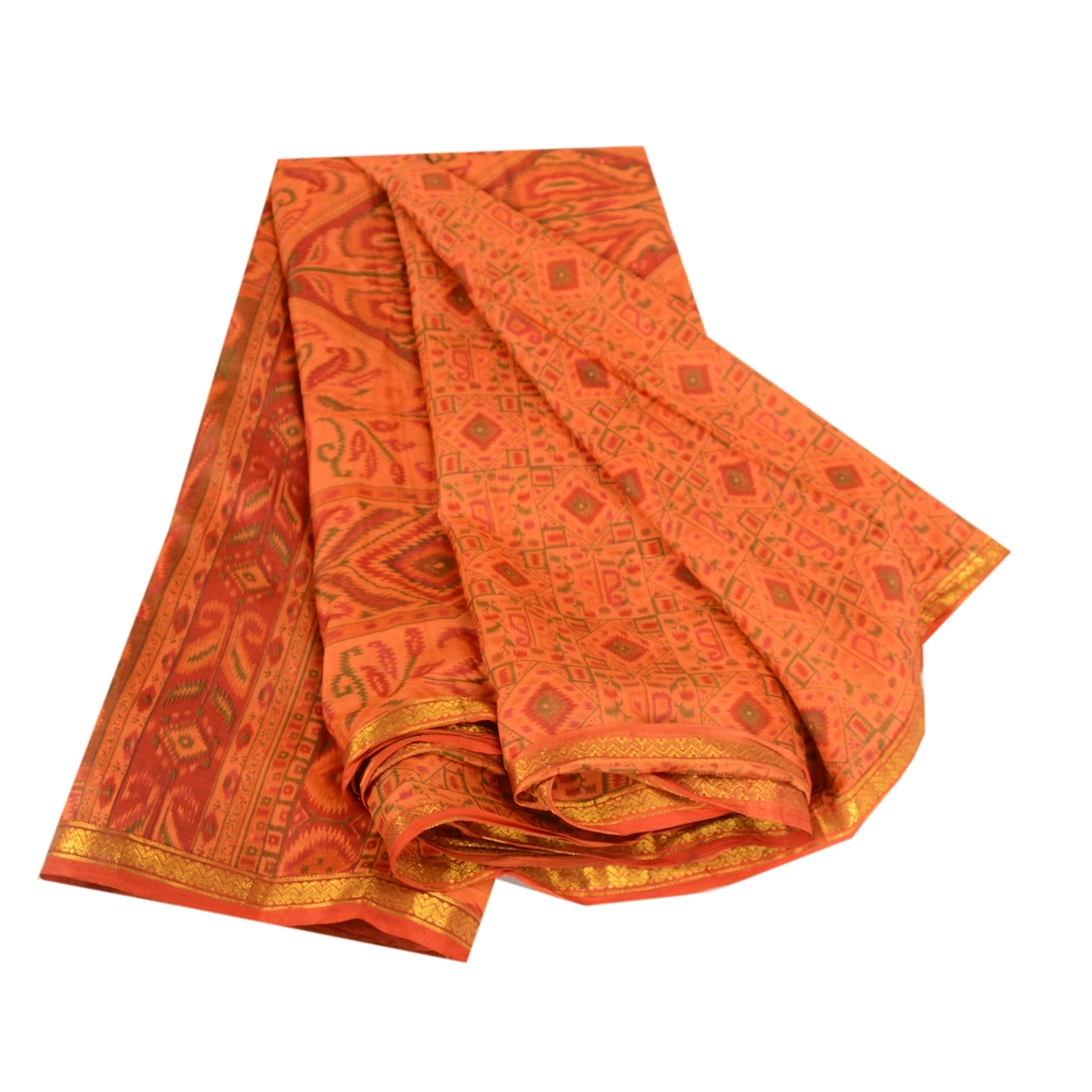 Sanskriti Vintage Saffron Printed Sarees Pure Silk Zari Border Sari Craft Fabric, PR-59661-Saffron-Printed Floral Design-Pure Silk-6