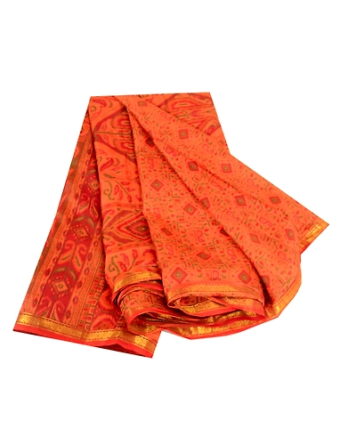 Sanskriti Vintage Saffron Printed Sarees Pure Silk Zari Border Sari Craft Fabric, PR-59661-Saffron-Printed Floral Design-Pure Silk-6