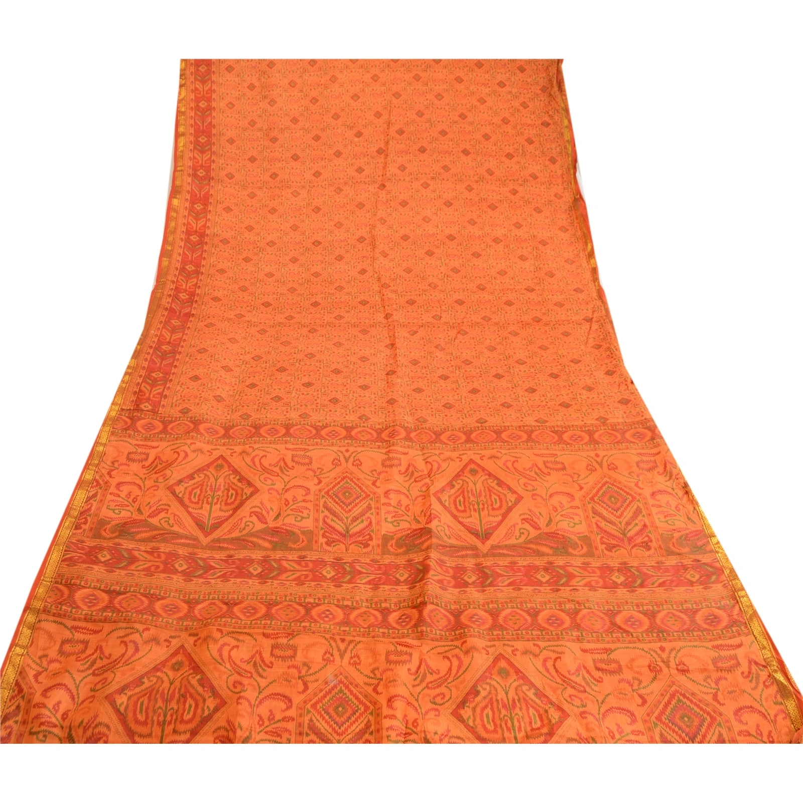 Sanskriti Vintage Saffron Printed Sarees Pure Silk Zari Border Sari Craft Fabric, PR-59661-Saffron-Printed Floral Design-Pure Silk-7