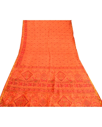 Sanskriti Vintage Saffron Printed Sarees Pure Silk Zari Border Sari Craft Fabric, PR-59661-Saffron-Printed Floral Design-Pure Silk-7