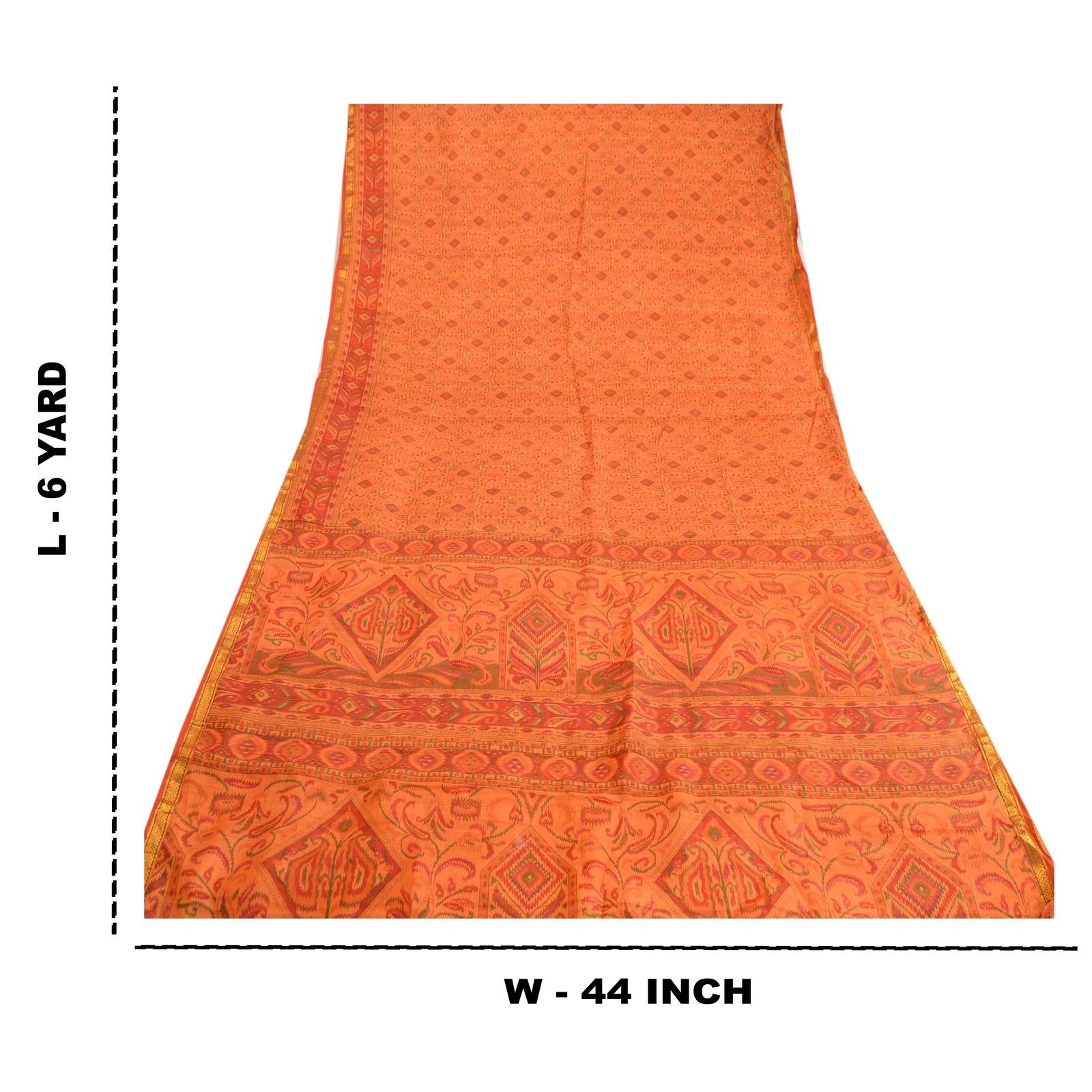 Sanskriti Vintage Saffron Printed Sarees Pure Silk Zari Border Sari Craft Fabric, PR-59661-Saffron-Printed Floral Design-Pure Silk-8