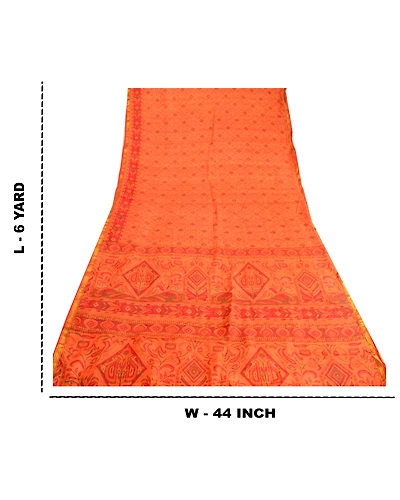 Sanskriti Vintage Saffron Printed Sarees Pure Silk Zari Border Sari Craft Fabric, PR-59661-Saffron-Printed Floral Design-Pure Silk-8