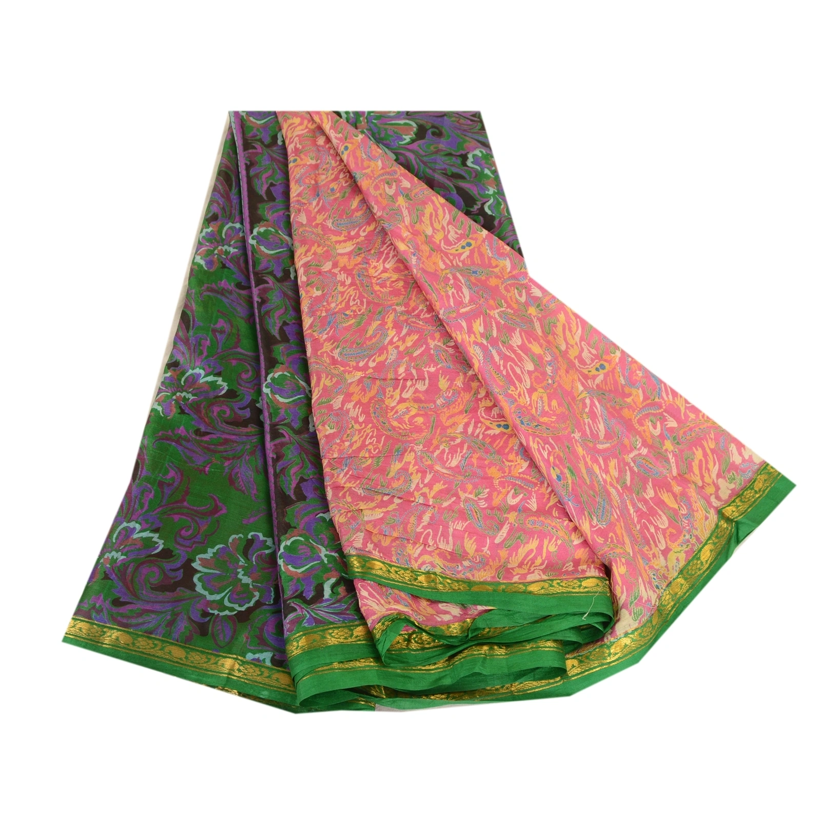 Sanskriti Vintage Pink Printed Sarees Pure Silk Zari Border Sari Craft Fabric, PR-59662-Pink-Printed Floral Design-Pure Silk-6