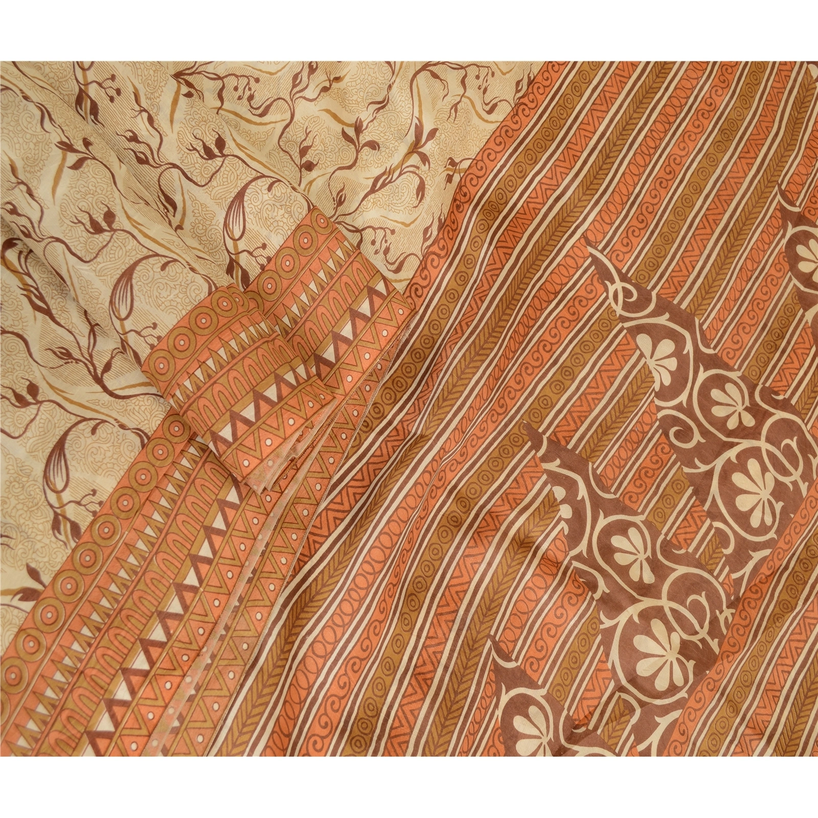 Sanskriti Vintage Cream Indian Sarees Pure Silk Printed Sari 5Yd Craft Fabric, PR-59663-Cream-Printed Floral Design-Pure Silk-1