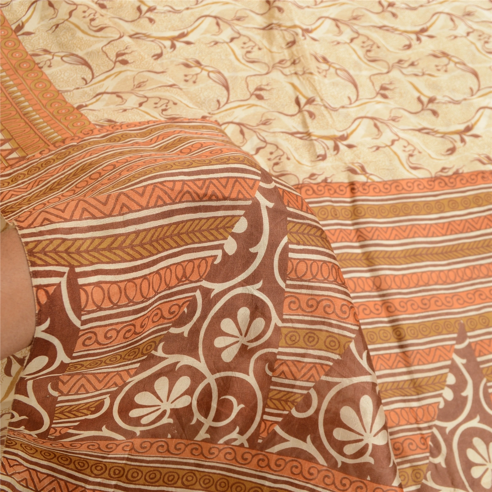 Sanskriti Vintage Cream Indian Sarees Pure Silk Printed Sari 5Yd Craft Fabric, PR-59663-Cream-Printed Floral Design-Pure Silk-5