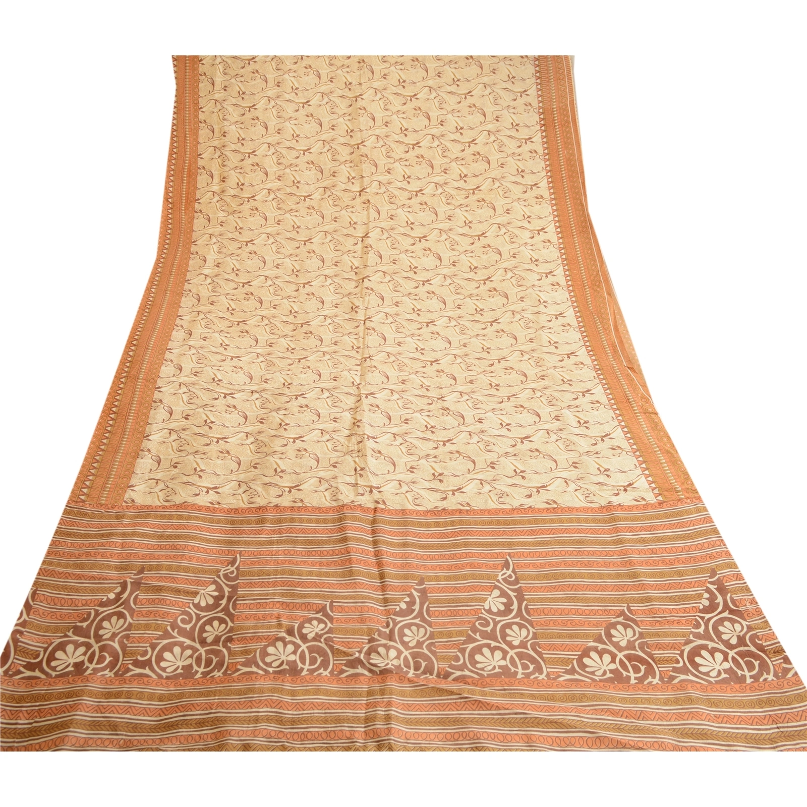 Sanskriti Vintage Cream Indian Sarees Pure Silk Printed Sari 5Yd Craft Fabric, PR-59663-Cream-Printed Floral Design-Pure Silk-7