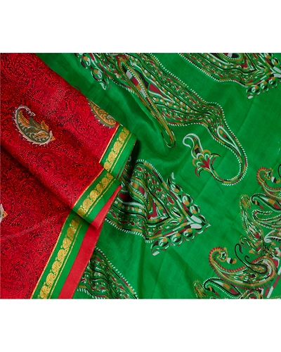 Sanskriti Vintage Sarees Red Pure Silk Printed Zari Border Sari 5Yd Craft Fabric, PR-59714-Dark Red-Printed Floral Design-Pure Silk-1