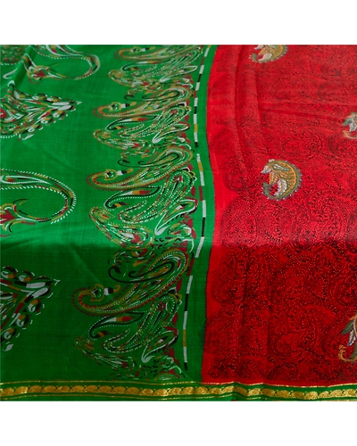 Sanskriti Vintage Sarees Red Pure Silk Printed Zari Border Sari 5Yd Craft Fabric, PR-59714-Dark Red-Printed Floral Design-Pure Silk-3