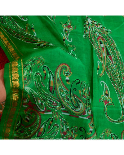 Sanskriti Vintage Sarees Red Pure Silk Printed Zari Border Sari 5Yd Craft Fabric, PR-59714-Dark Red-Printed Floral Design-Pure Silk-5