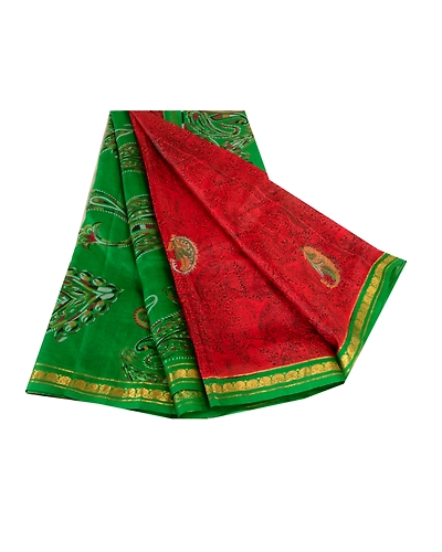 Sanskriti Vintage Sarees Red Pure Silk Printed Zari Border Sari 5Yd Craft Fabric, PR-59714-Dark Red-Printed Floral Design-Pure Silk-6