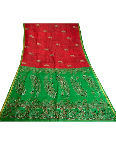 Sanskriti Vintage Sarees Red Pure Silk Printed Zari Border Sari 5Yd Craft Fabric, PR-59714-Dark Red-Printed Floral Design-Pure Silk-7