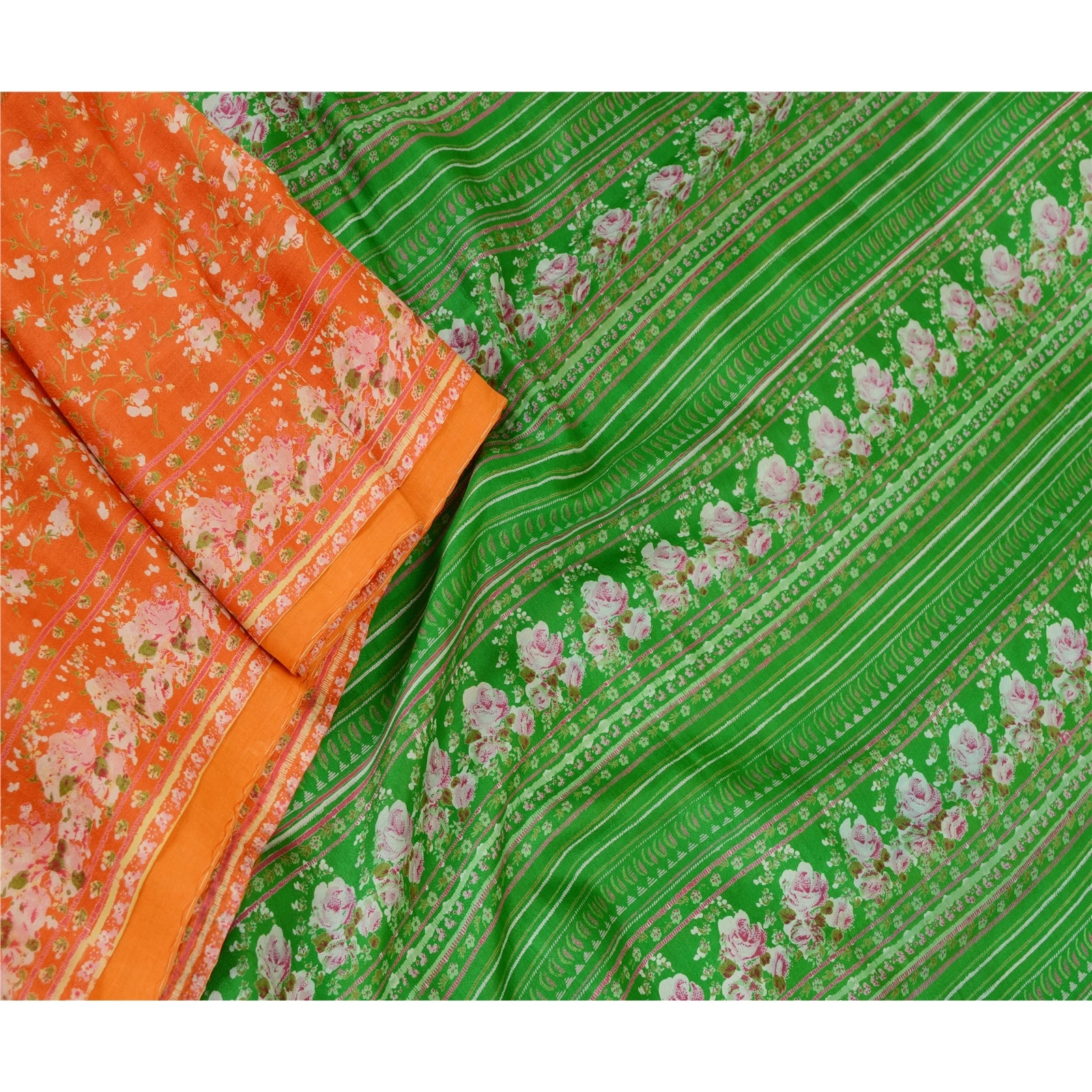 Sanskriti Vintage Sarees Indian Orange Pure Silk Printed Sari 5Yd Craft Fabric, PR-59720-Orange-Printed Floral Design-Pure Silk-1