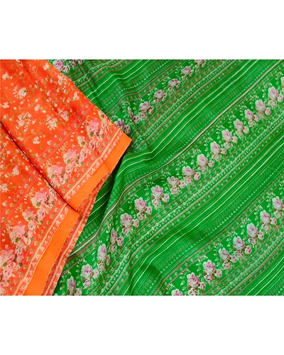 Sanskriti Vintage Sarees Indian Orange Pure Silk Printed Sari 5Yd Craft Fabric, PR-59720-Orange-Printed Floral Design-Pure Silk-1