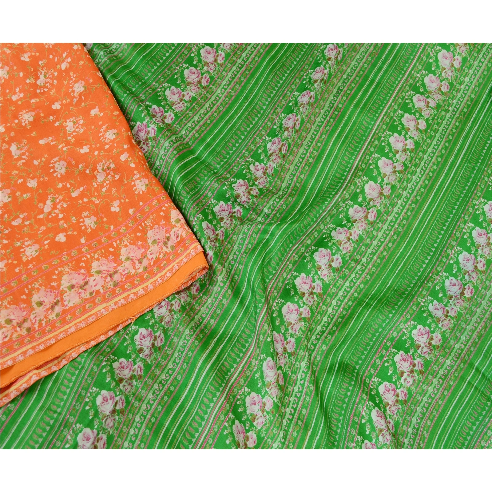 Sanskriti Vintage Sarees Indian Orange Pure Silk Printed Sari 5Yd Craft Fabric, PR-59720-Orange-Printed Floral Design-Pure Silk-2