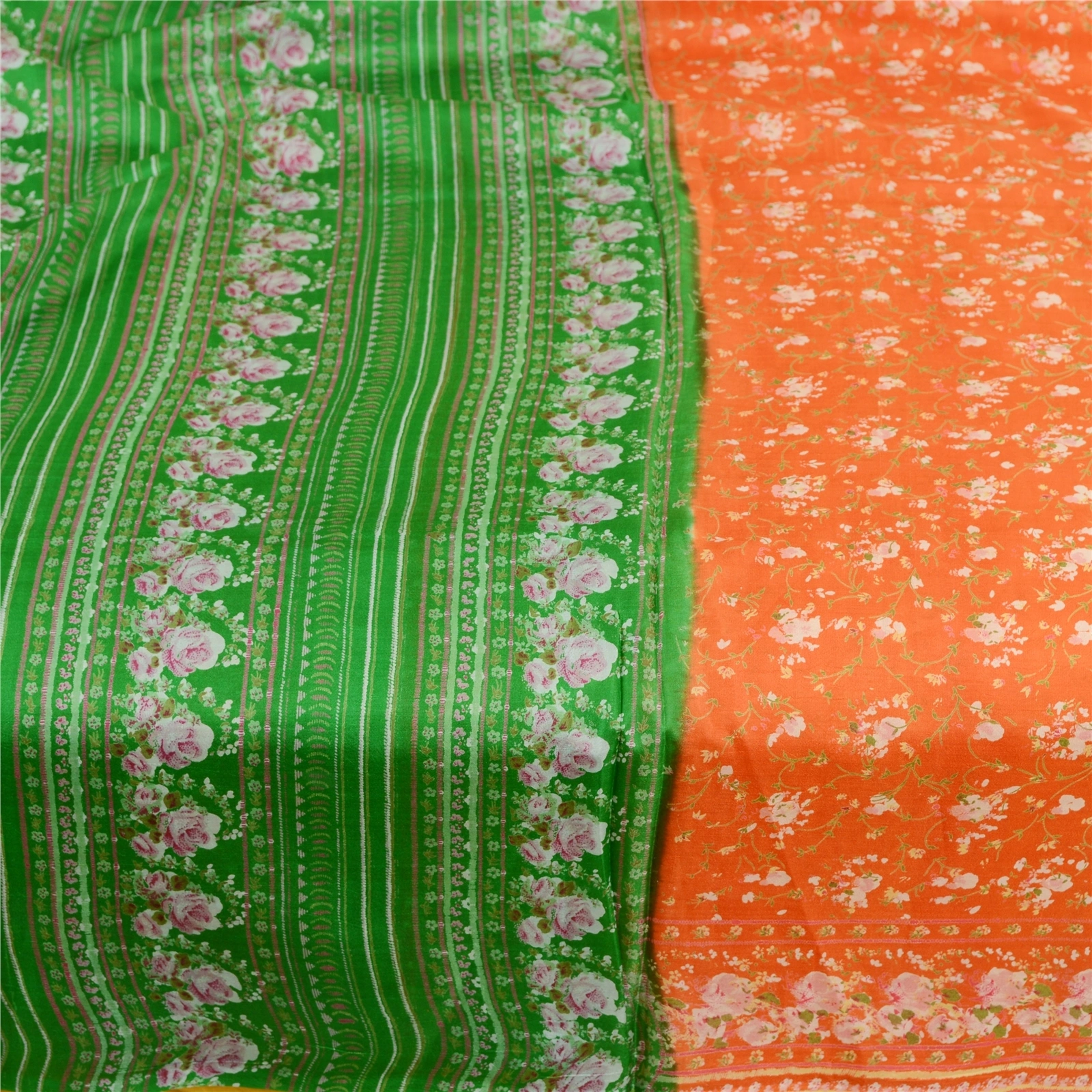 Sanskriti Vintage Sarees Indian Orange Pure Silk Printed Sari 5Yd Craft Fabric, PR-59720-Orange-Printed Floral Design-Pure Silk-3