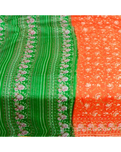 Sanskriti Vintage Sarees Indian Orange Pure Silk Printed Sari 5Yd Craft Fabric, PR-59720-Orange-Printed Floral Design-Pure Silk-3