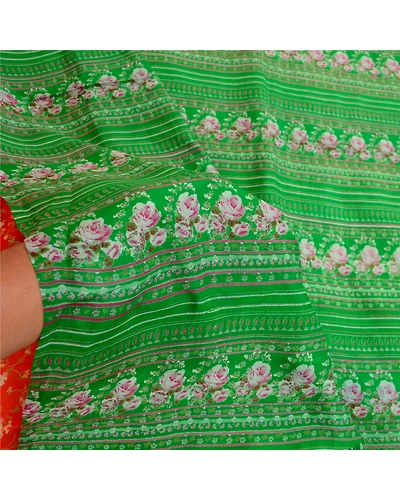 Sanskriti Vintage Sarees Indian Orange Pure Silk Printed Sari 5Yd Craft Fabric, PR-59720-Orange-Printed Floral Design-Pure Silk-5