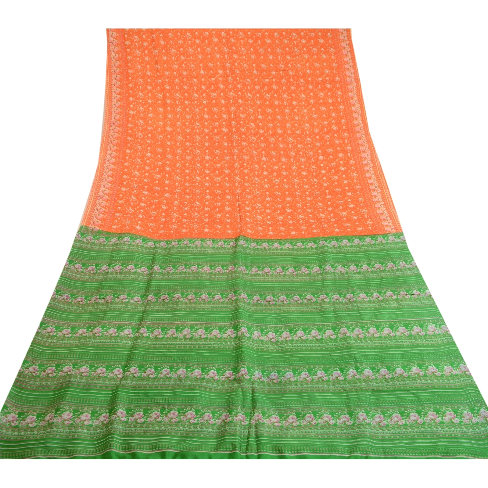 Sanskriti Vintage Sarees Indian Orange Pure Silk Printed Sari 5Yd Craft Fabric, PR-59720-Orange-Printed Floral Design-Pure Silk-7