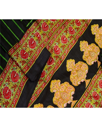 Sanskriti Vintage Indian Sarees Black Pure Silk Printed Sari Soft Craft Fabric, PR-59736-Black-Printed Floral Design-Pure Silk-1