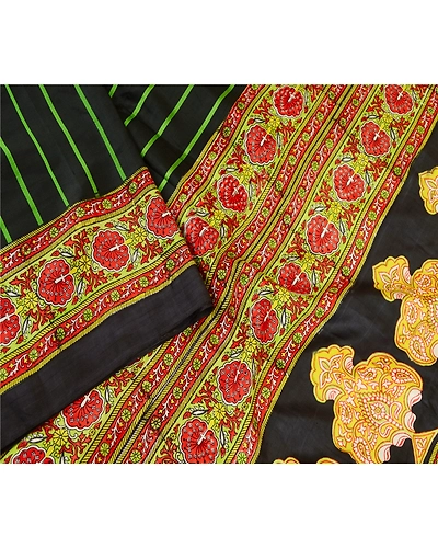 Sanskriti Vintage Indian Sarees Black Pure Silk Printed Sari Soft Craft Fabric, PR-59736-Black-Printed Floral Design-Pure Silk-2