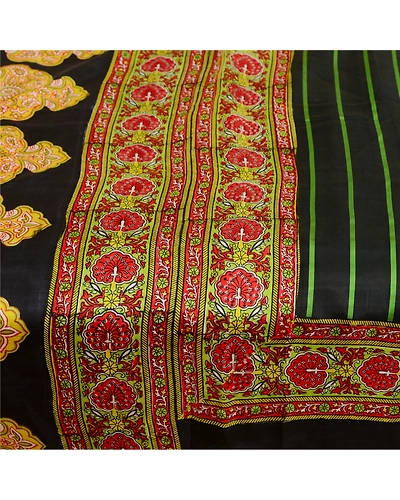 Sanskriti Vintage Indian Sarees Black Pure Silk Printed Sari Soft Craft Fabric, PR-59736-Black-Printed Floral Design-Pure Silk-3