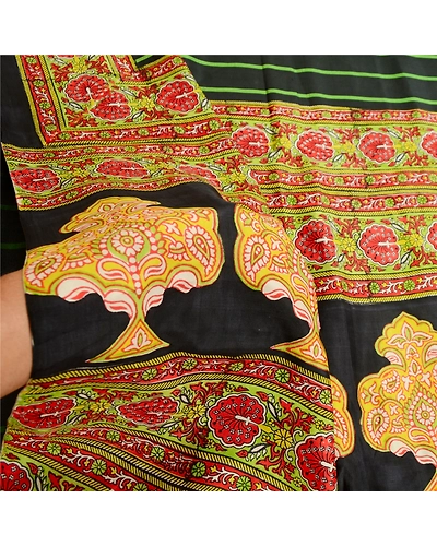 Sanskriti Vintage Indian Sarees Black Pure Silk Printed Sari Soft Craft Fabric, PR-59736-Black-Printed Floral Design-Pure Silk-5