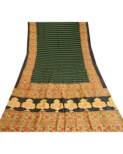 Sanskriti Vintage Indian Sarees Black Pure Silk Printed Sari Soft Craft Fabric, PR-59736-Black-Printed Floral Design-Pure Silk-7