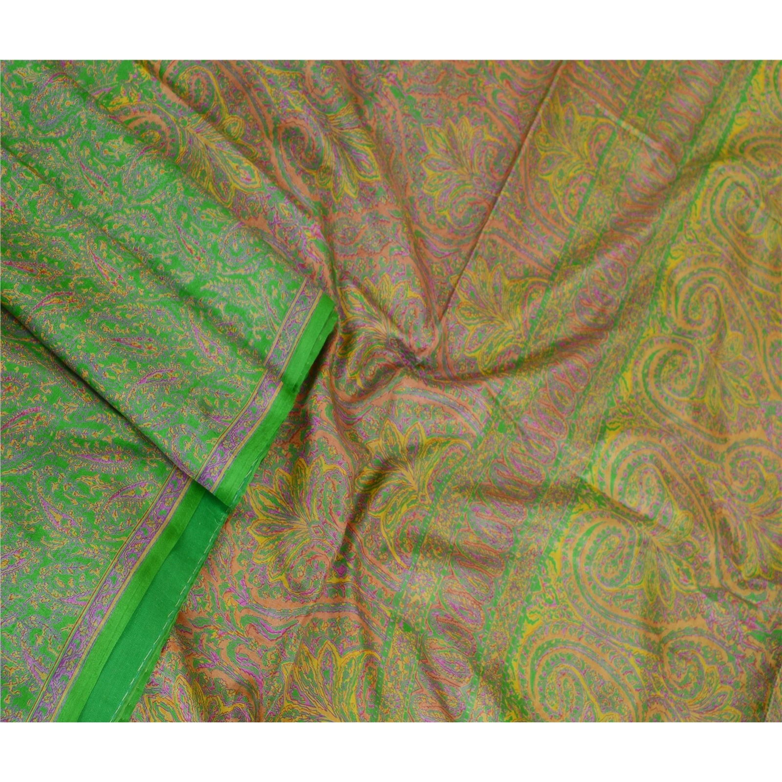 Sanskriti Vintage Green Printed Sarees 100% Pure Silk Sari 5Yd Soft Craft Fabric, PR-59746-Green-Printed Floral Design-Pure Silk-2